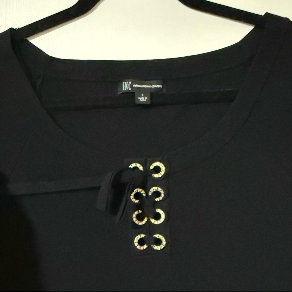 INC International Concepts Black Ribbed Short Sleeve Top - Picture 2 of 4